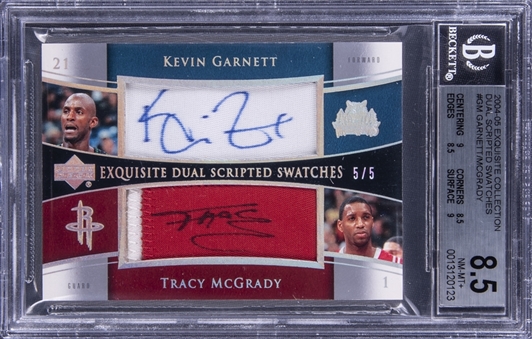2004-05 UD "Exquisite Collection" Dual Scripted Swatches #GM Kevin Garnett/Tracy McGrady Dual Signed Jersey Card (#5/5) - BGS NM-MT+ 8.5/BGS 10